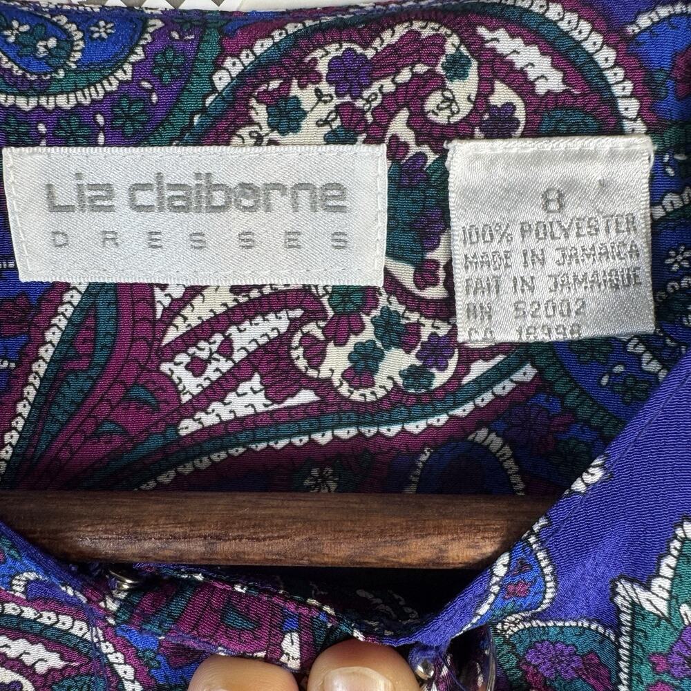 VTG Liz Claiborne Paisley LongSleeve Midi Dress Sz 8 BluePurpleTeal Fit & Flare - Picture 6 of 8